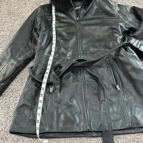 Kasper Leather Coat XL‎ Belted Fur Trim Hooded Black Winter Jacket Women vintage - Picture 8 of 11